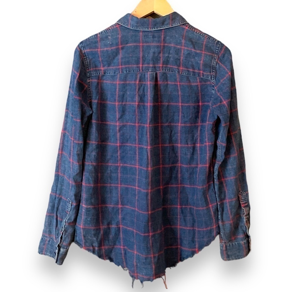 Faherty Blue Red Plaid 1/4 Button Flannel Raw Hem Long Sleeve Shirt Small - Picture 2 of 6